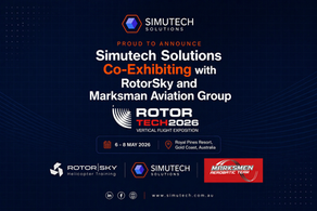 Simutech Solutions co-exhibits with RotorSky and Marksman Aviation at RotorTech 2026, 6-8 May, Gold Coast, Australia. Dark blue background.