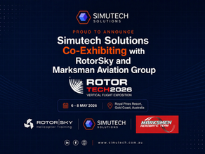 Simutech Solutions co-exhibits with RotorSky and Marksman Aviation at RotorTech 2026, 6-8 May, Gold Coast, Australia. Dark blue background.