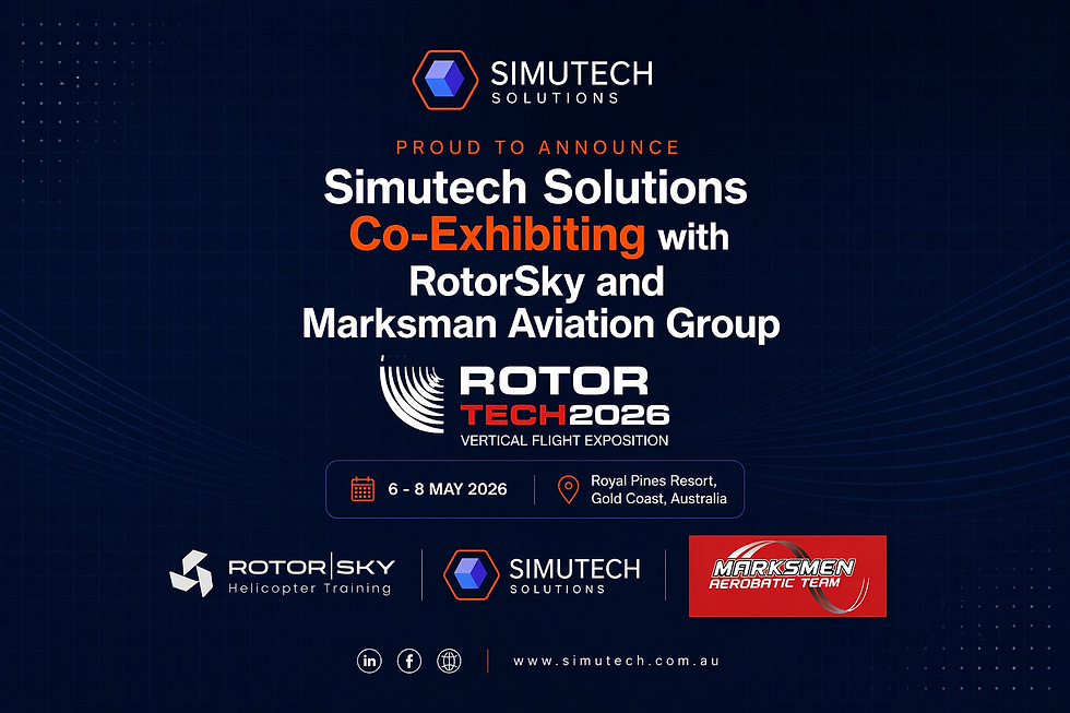 Simutech Solutions co-exhibits with RotorSky and Marksman Aviation at RotorTech 2026, 6-8 May, Gold Coast, Australia. Dark blue background.