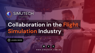 Two people in an airplane cockpit with "Collaboration in the Flight Simulation Industry" text overlay. SimuTech logo and "Learn More" button.