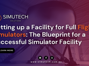 Simutech Solutions ad with a flight simulator in the background, promoting a blueprint for successful facilities. Learn more link included.