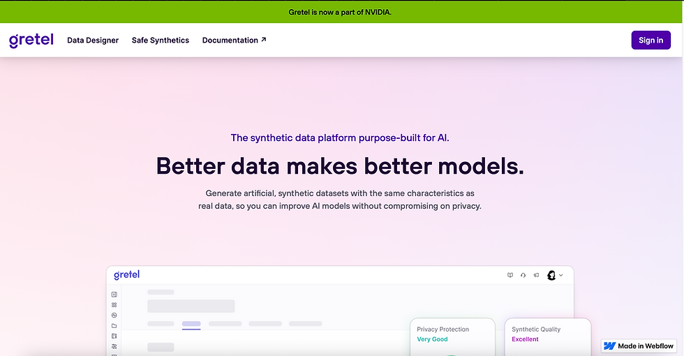 Gretel website promotes AI data modeling with text "Better data makes better models" on pink background. Includes Data Designer and sign-in.
