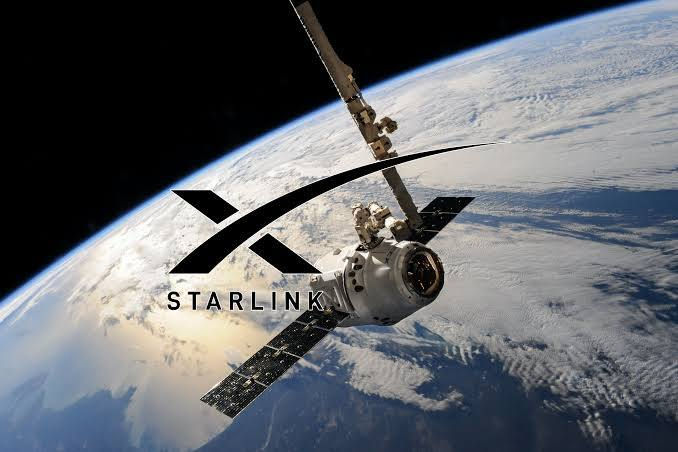 A satellite orbits Earth with "Starlink" text overlay. Blue and white planet backdrop, visible solar panels, conveying a space exploration theme.