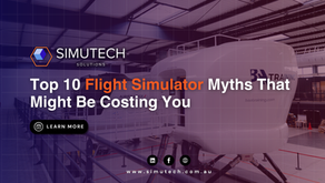 Flight simulator in warehouse with "Top 10 Flight Simulator Myths" text overlay. Branding: Simutech Solutions. Mood: informative.