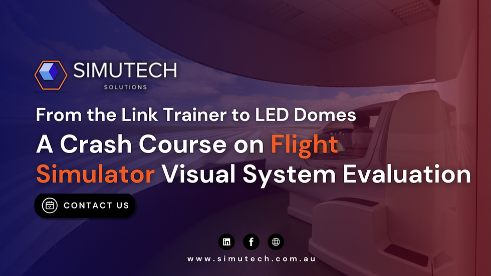 Simutech Solutions banner: "Crash Course on Flight Simulator Visual System Evaluation," with a cockpit image and a "Contact Us" button.
