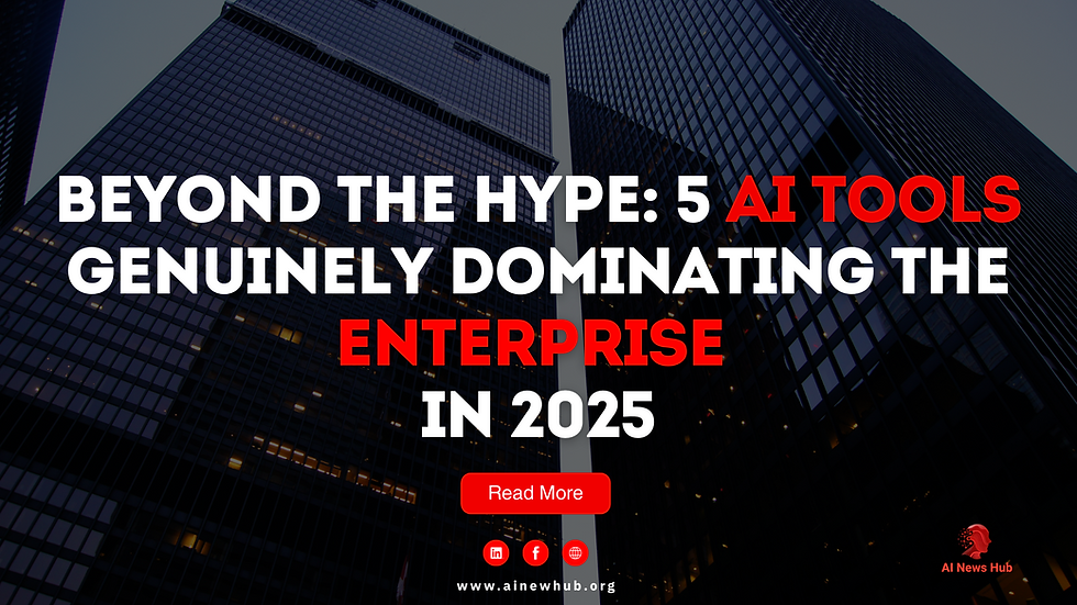 Skyscrapers with nighttime lights. Text: "Beyond the Hype: 5 AI Tools Genuinely Dominating the Enterprise in 2025." Mood: futuristic, bold.