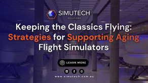 Simutech Solutions text over a dimly lit room with flight simulators. Bold text in white and orange reads: "Keeping the Classics Flying: Strategies for Supporting Aging Flight Simulators."