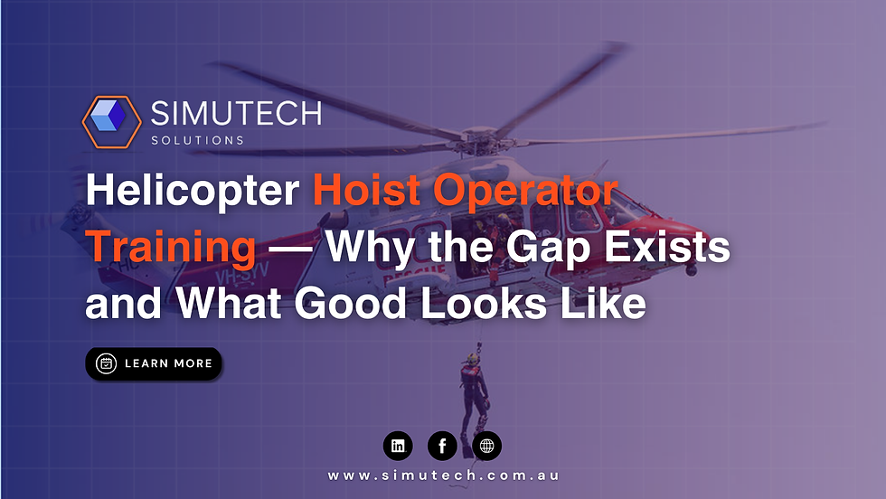 Helicopter hoist training ad with Simutech Solutions logo, rescue helicopter lifting a hoist operator, and Learn More button.