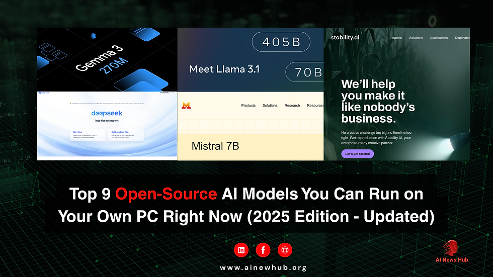 Top 9 open-source AI models. Screenshots of Genma, Llama, and Mistral. Text: We'll help you make it like nobody's business.