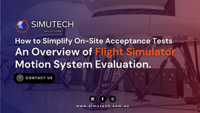 Flight simulator motion system with "Simutech Solutions" text. Features purple and orange hues, company logo, and "Contact Us" button.