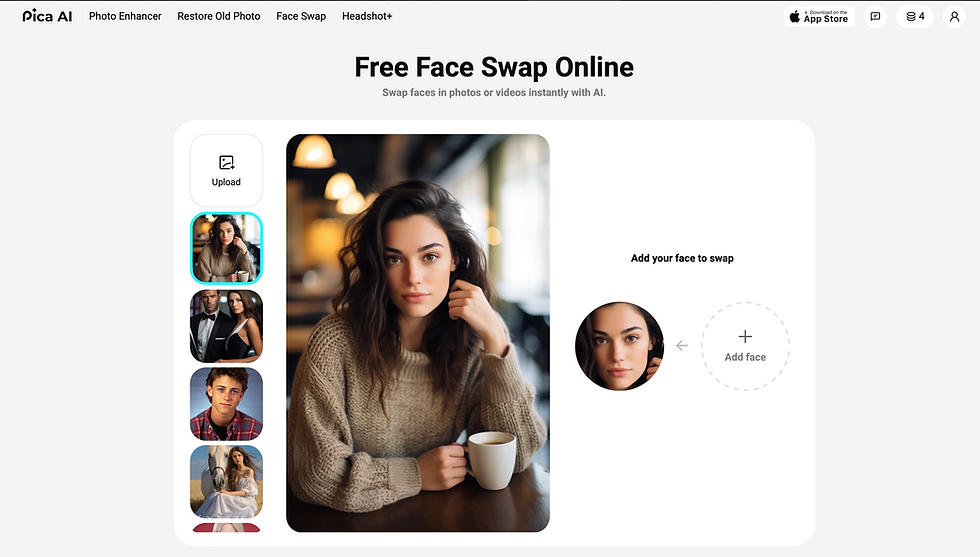 Woman in sweater with coffee in a cozy cafe setting. Website interface for Free Face Swap Online is displayed, showing options to add a face.