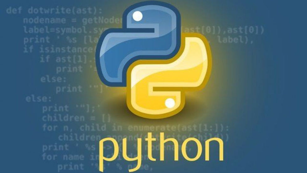 Blue and yellow Python logo on a blue background with code text overlay. The word "python" is prominently displayed below.