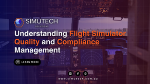 Flight simulator cockpit with overlay text: Understanding Flight Simulator Quality and Compliance Management. SimuTech logo included.