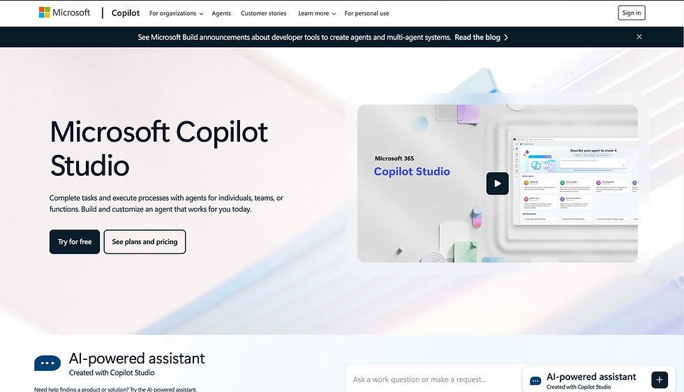 Microsoft Copilot Studio webpage featuring a headline and buttons for free trial and pricing. Includes a preview image with UI elements.