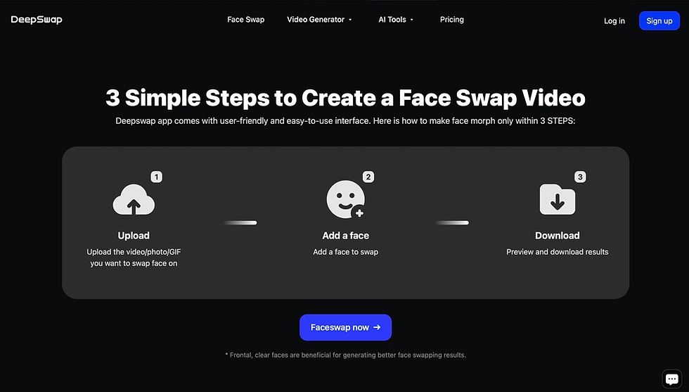 Deepswap app interface shows 3 steps: Upload, Add a Face, Download. Black background with white text for creating face swap videos.