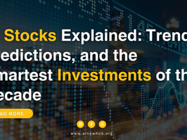 Text on a digital stock market background reads "AI Stocks Explained: Trends, Predictions, and the Smartest Investments of the Decade." Includes Best AI companies to buy AI Stocks
