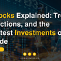 Text on a digital stock market background reads "AI Stocks Explained: Trends, Predictions, and the Smartest Investments of the Decade." Includes Best AI companies to buy AI Stocks