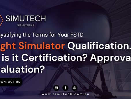 Flight simulator in a hangar. Text: Simutech Solutions. "Flight Simulator Qualification... Certification? Approval? Evaluation?" Contact button visible.