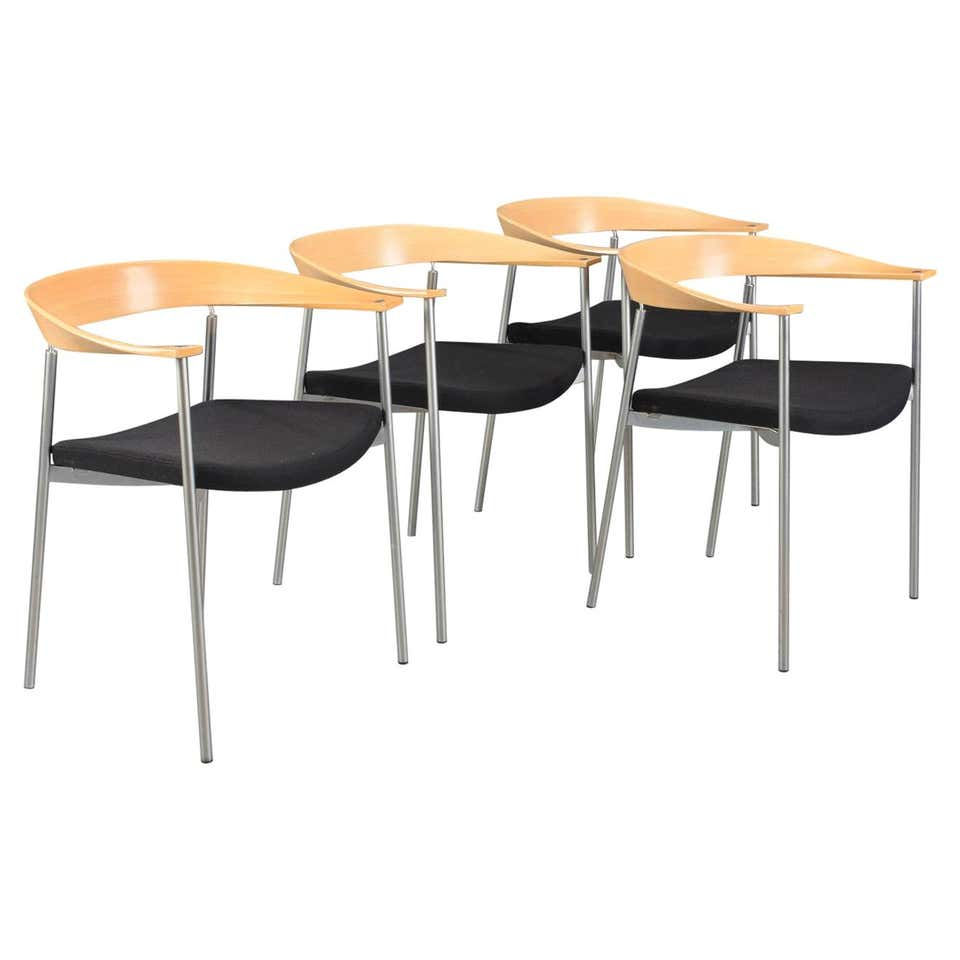 Thumbnail: 1990s Set of Four Danish Johannes Foersom Armchairs in Steel and Black Leather
