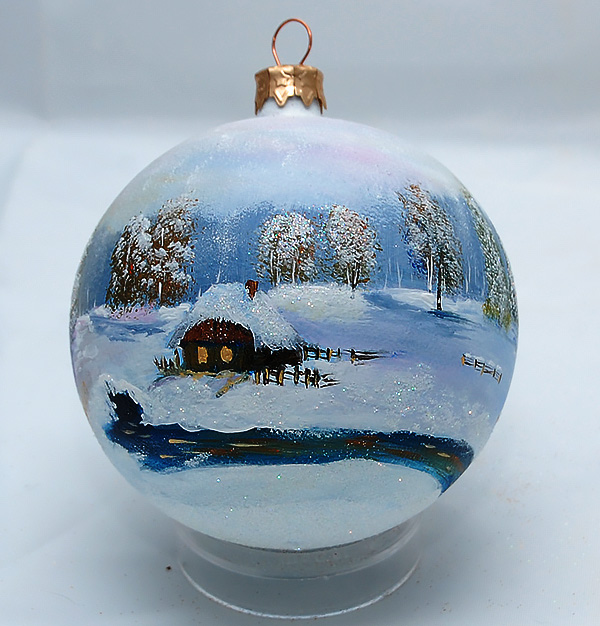 Miniatura: Szklana bombka "Pejzaż zimowa chatka"
