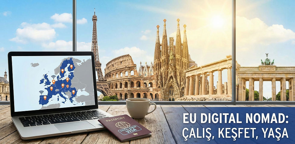 Laptop showing EU map, passport, and coffee on a table. Background features famous European landmarks and text reads "EU Digital Nomad."