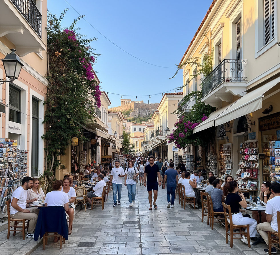 Bustling street scene in Athens with people dining and walking between beige buildings, bright flowers, and shops under a clear blue sky, Acropolis visible.