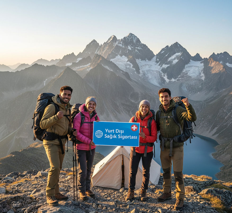 Four hikers smile atop a mountain at sunrise, holding a sign with "Yurt Dışı Sağlık Sigortası." Snowy peaks and a lake are seen behind.