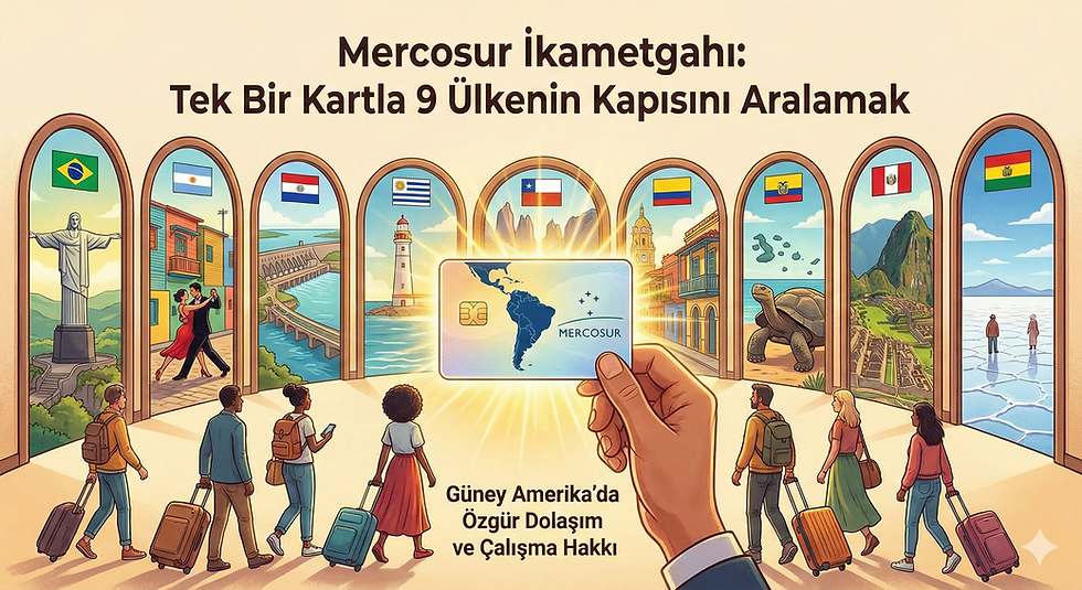 People with luggage entering arches with S. American landmarks and flags. A hand holds a Mercosur card.