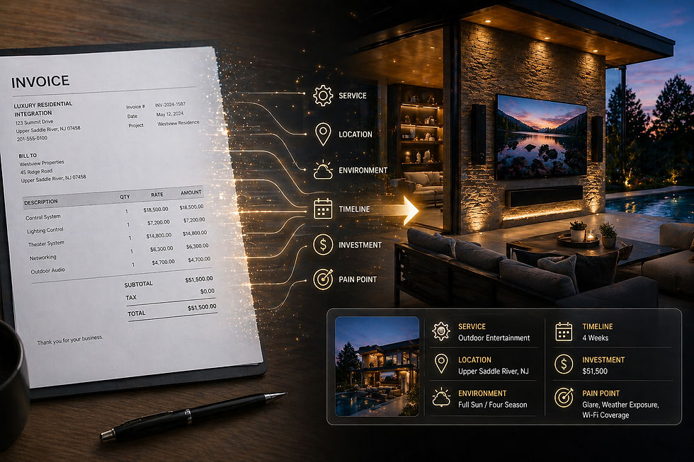 Smart home outdoor installation with invoice representing real project transformed into marketing asset