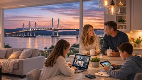 Family enjoying WiFi in the kitchen on lap top and tablet