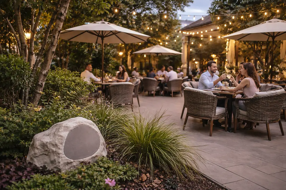 outdoor restaurant patio with landscape speakers and ambient lighting for dining experience