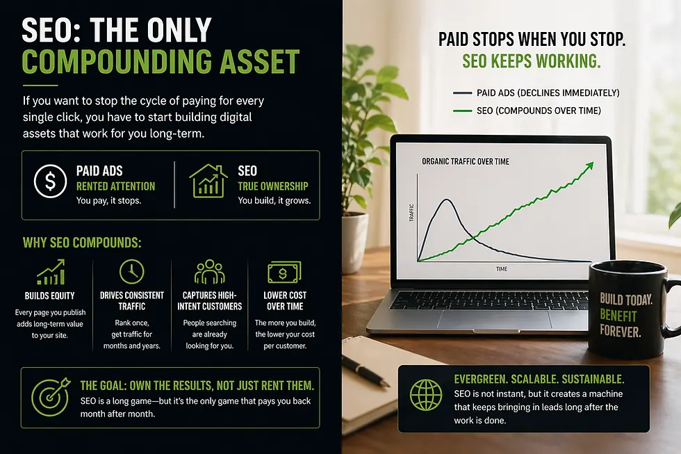 comparison of seo and paid ads showing organic traffic growth over time versus declining paid ad performance