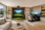 Bright luxury simulator room featuring integrated golf and racing simulators designed for immersive home entertainment and modern living.