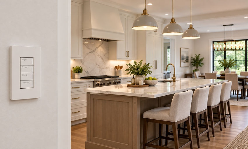 Bright kitchen with integrated lighting control and wall keypad