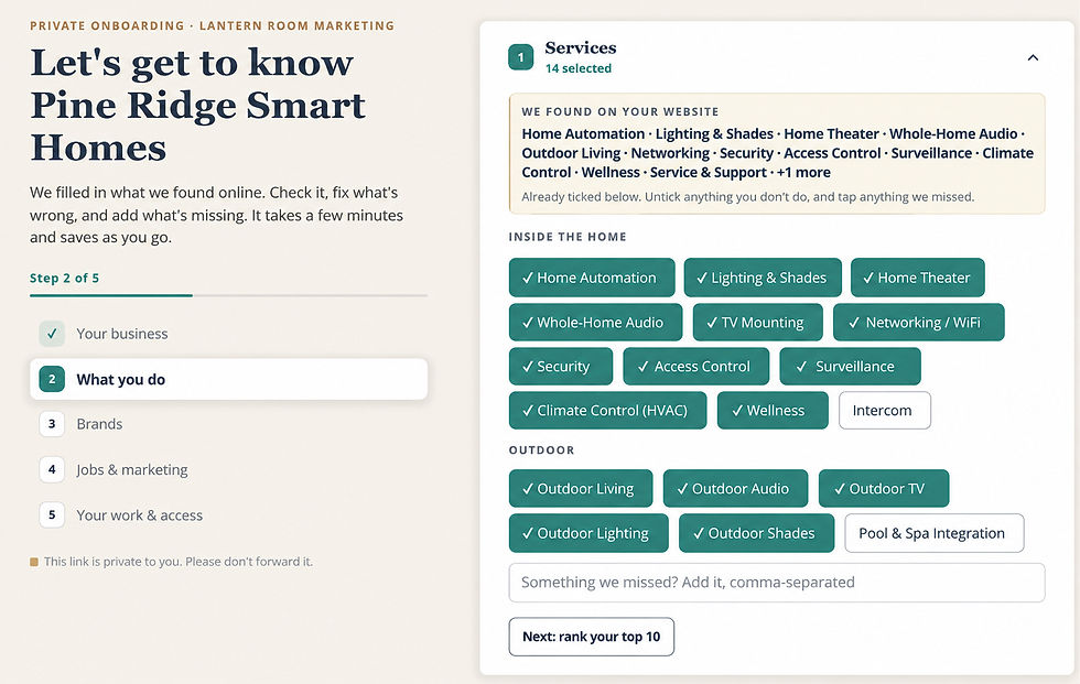 Prefilled smart home dealer onboarding form displaying selected services including home automation, lighting, home theater, networking, security, and outdoor entertainment.