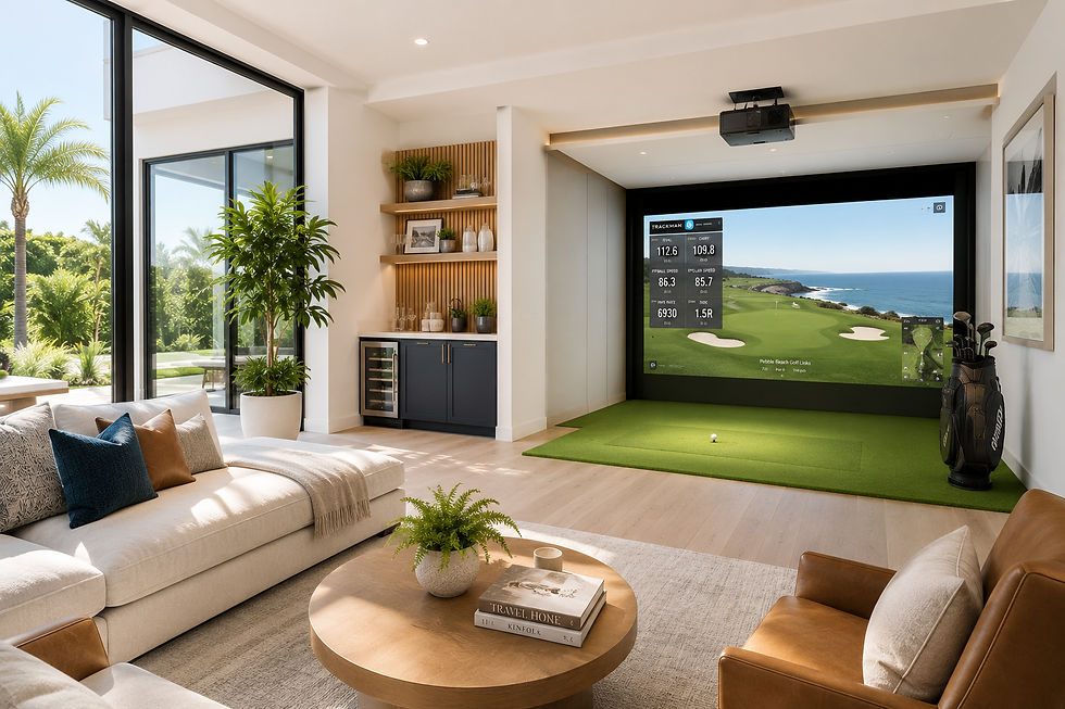Bright modern golf simulator integrated into a luxury living space with natural light, architectural finishes, and immersive entertainment design.