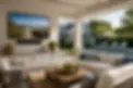 Covered patio with outdoor screen installation in Sagaponack backyard seating area
