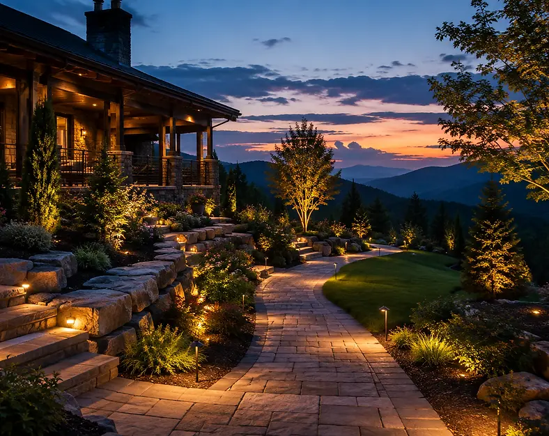 Landscape lighting design illuminating pathways, trees and stonework at a Lake Toxaway mountain home