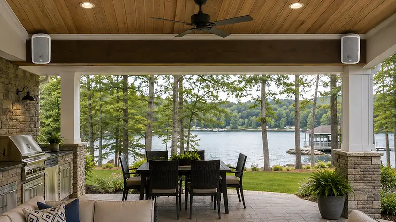 Sonance architectural outdoor speakers installed on a covered patio in Highlands, NC