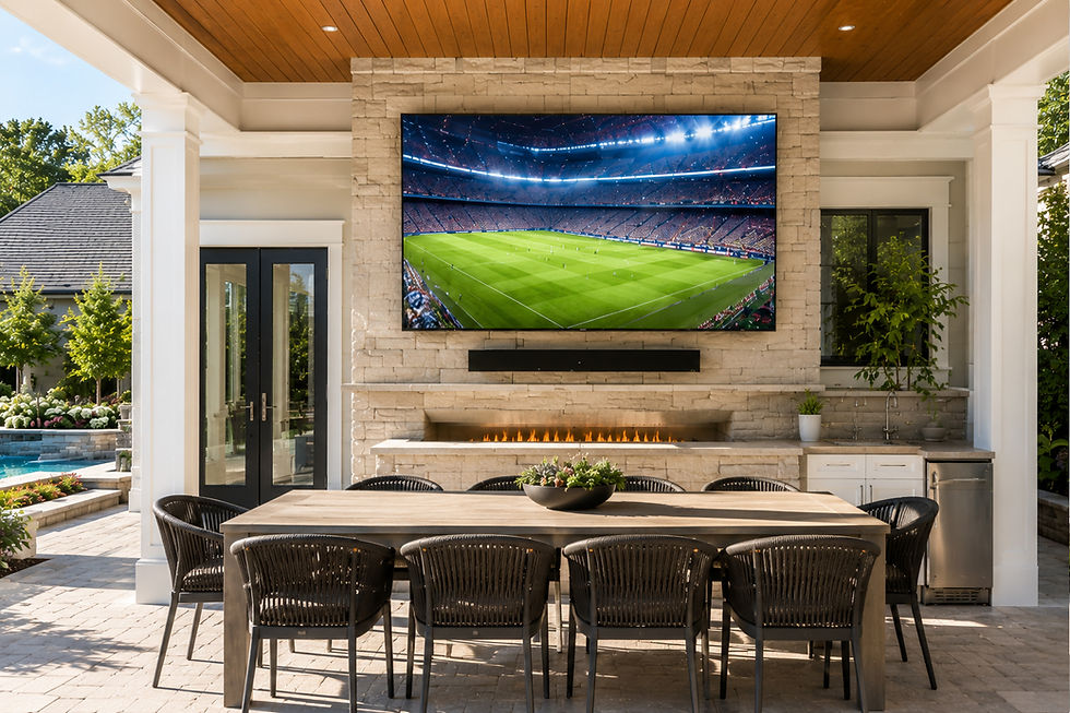 Luxury residential property in Woodbury NY featuring integrated outdoor entertainment and backyard living spaces