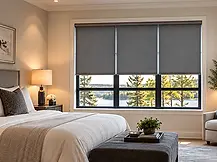 Luxury bedroom with motorized roller shades and controlled natural light for Summit NJ homes