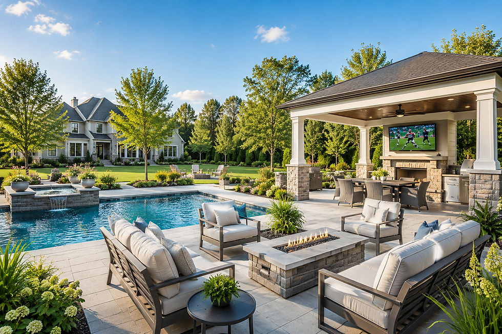 Covered patio with outdoor television, pool, fire feature and outdoor entertainment area in Tewksbury Township NJ
