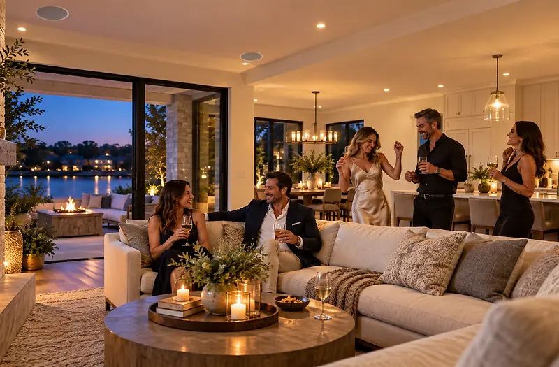 Evening gathering in a great room with discreet in-ceiling speakers
