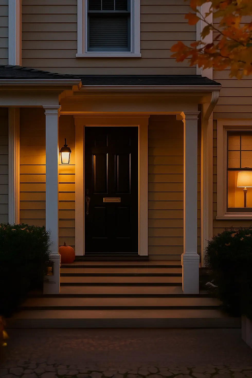 Exterior home in Flemington, NJ lit at dusk with smart lighting—welcoming, safe, and beautifully designed.