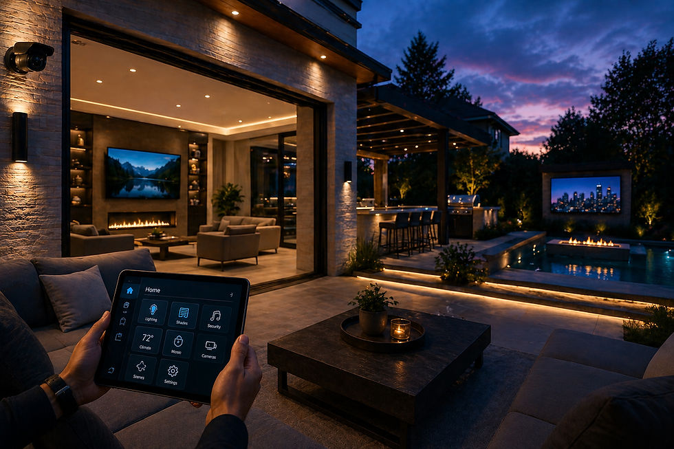 Smart home outdoor and indoor living space controlled by tablet showing integrated automation system