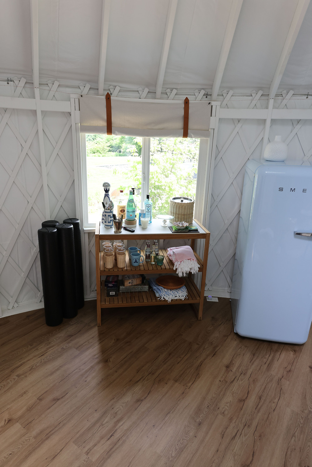 Full bar and refrigerator in New Jersey Yoga Yurt
