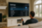 Man sitting on a leather couch in a luxury Colts Neck living room adjusting HDR settings on a large smart TV — showcasing a calm, connected home environment