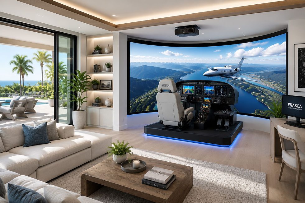 Bright luxury flight simulator room with immersive curved display, modern architectural design, and integrated home entertainment environment.