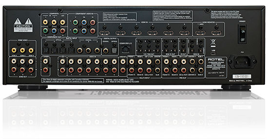 Rear panel of the Rotel RSP-1572 displaying HDMI inputs and outputs, analog and digital audio connections