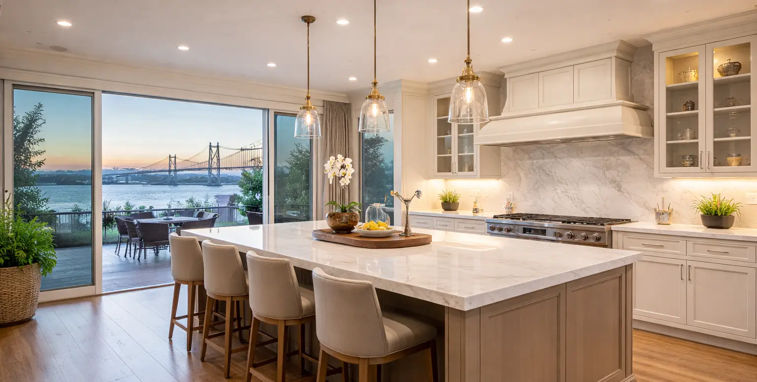 Smart lighting design and installation in a Piermont NY kitchen featuring modern recessed lighting and integrated control for everyday cooking and entertaining.